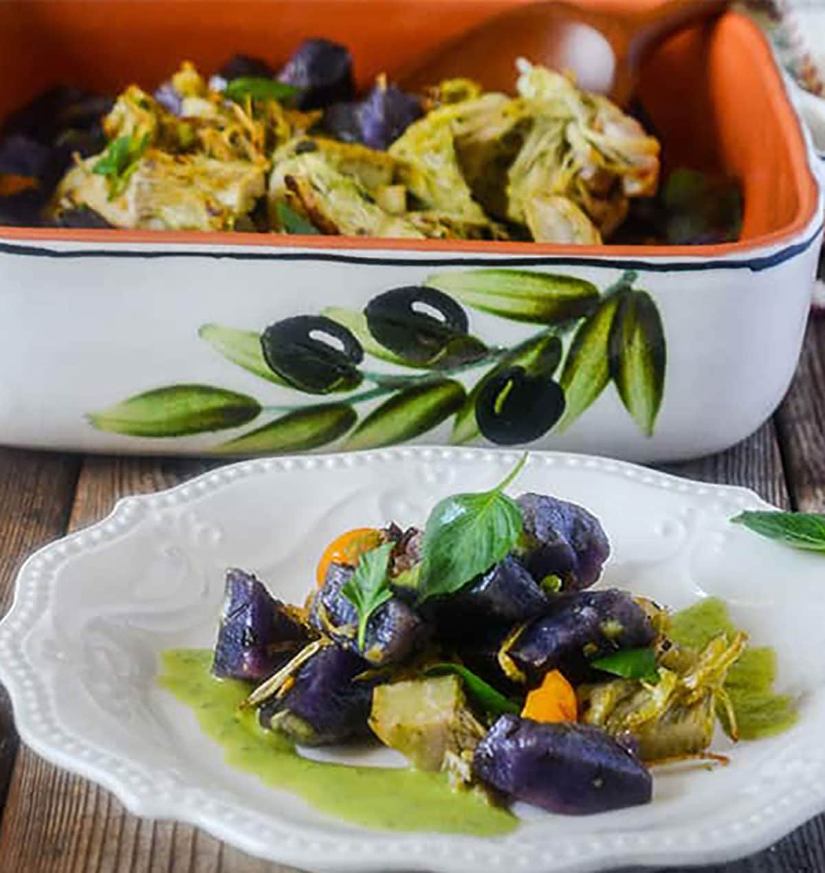 Roasted sweet potato nd Jackfruit pesto on a while with the casserole pan