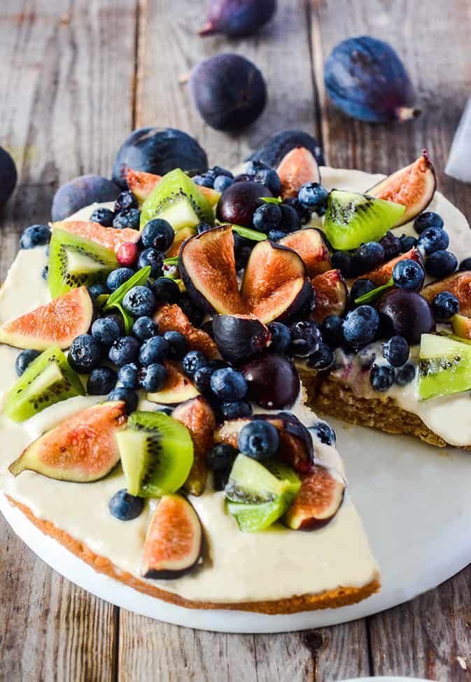Almond Cake Recipe With Figs And Blueberries, on wooden background