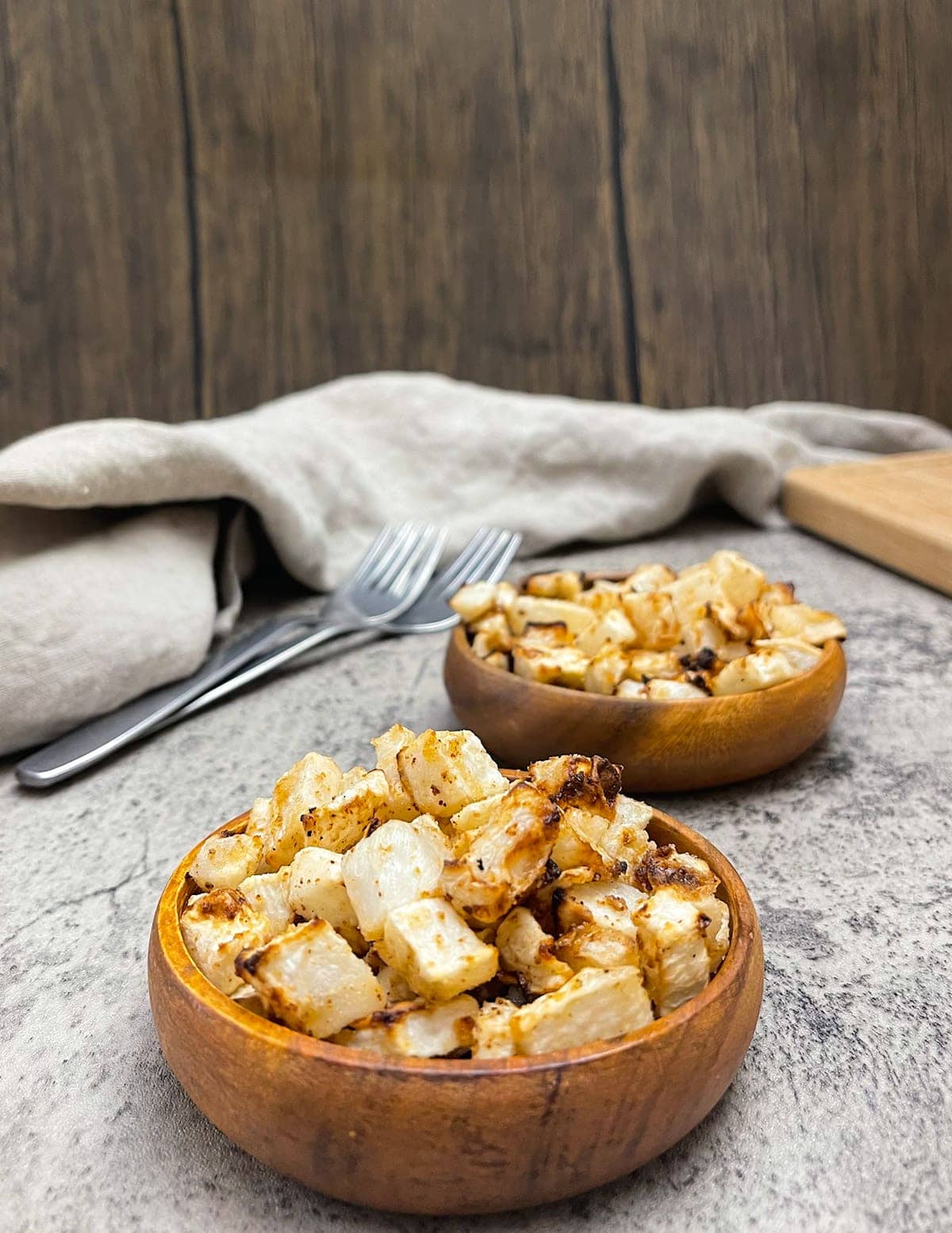 Air Fryer Turnips in a wooden bowl