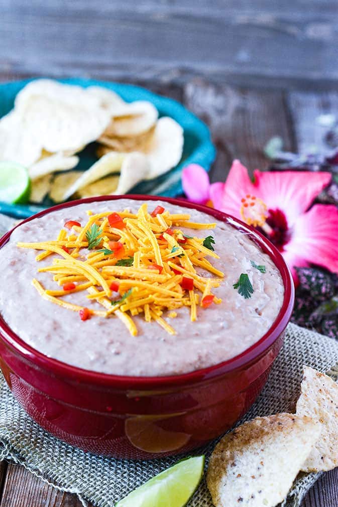 Pinto Bean Dip in a red bowl