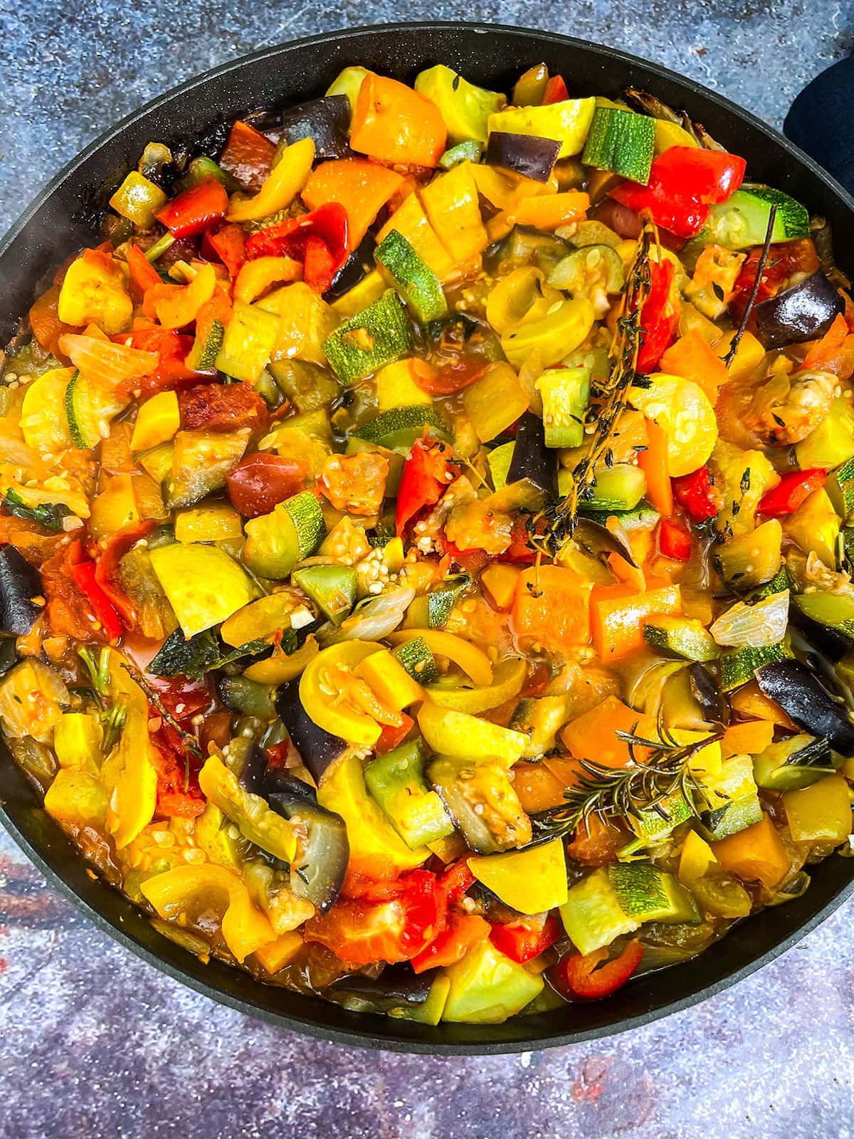 Traditional Ratatouille on a black bowl