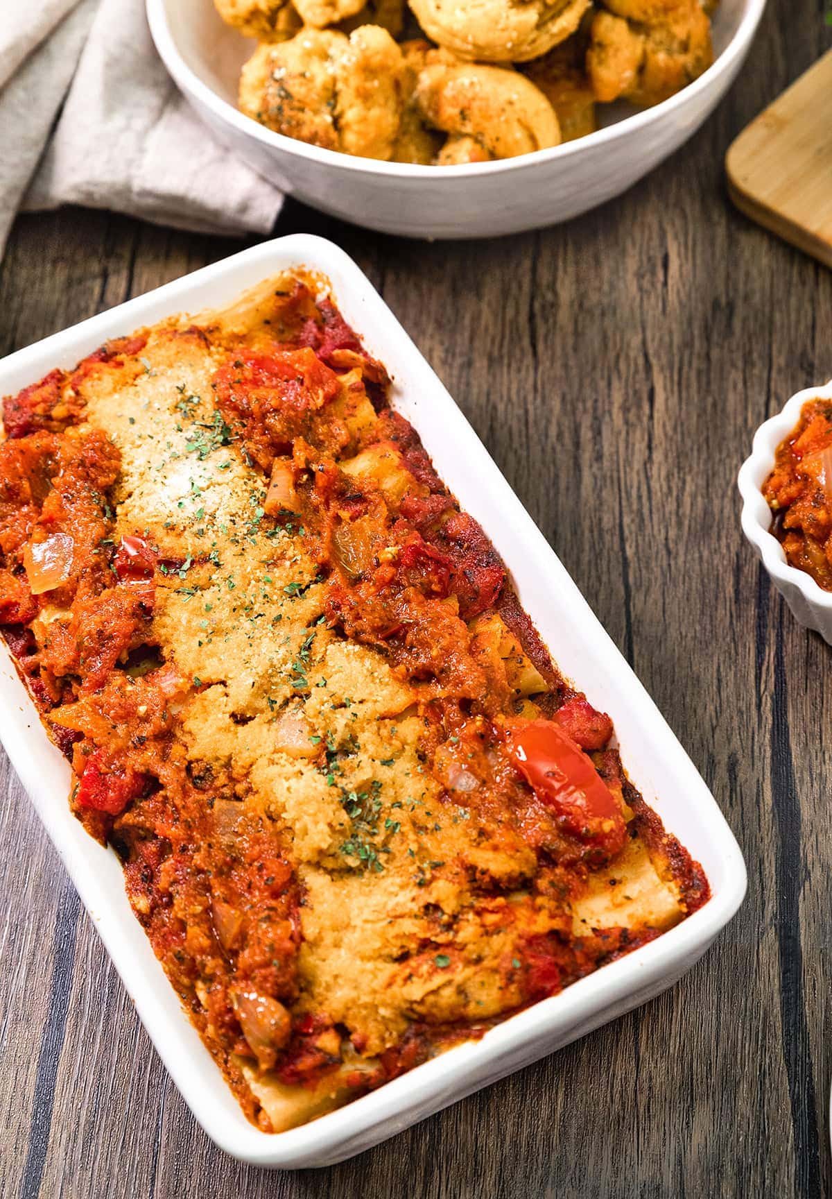Vegan Manicotti on a white casserole