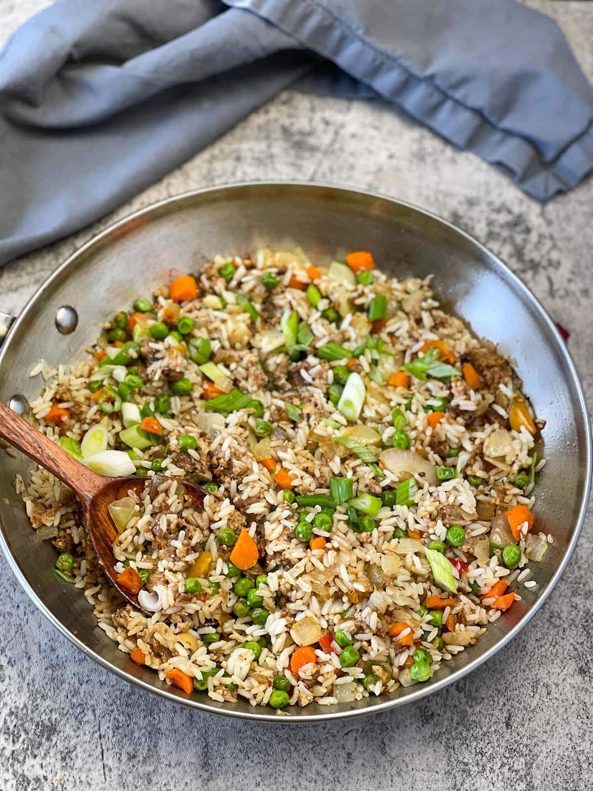 Leftover Thanksgiving Fried Rice in a silver pan
