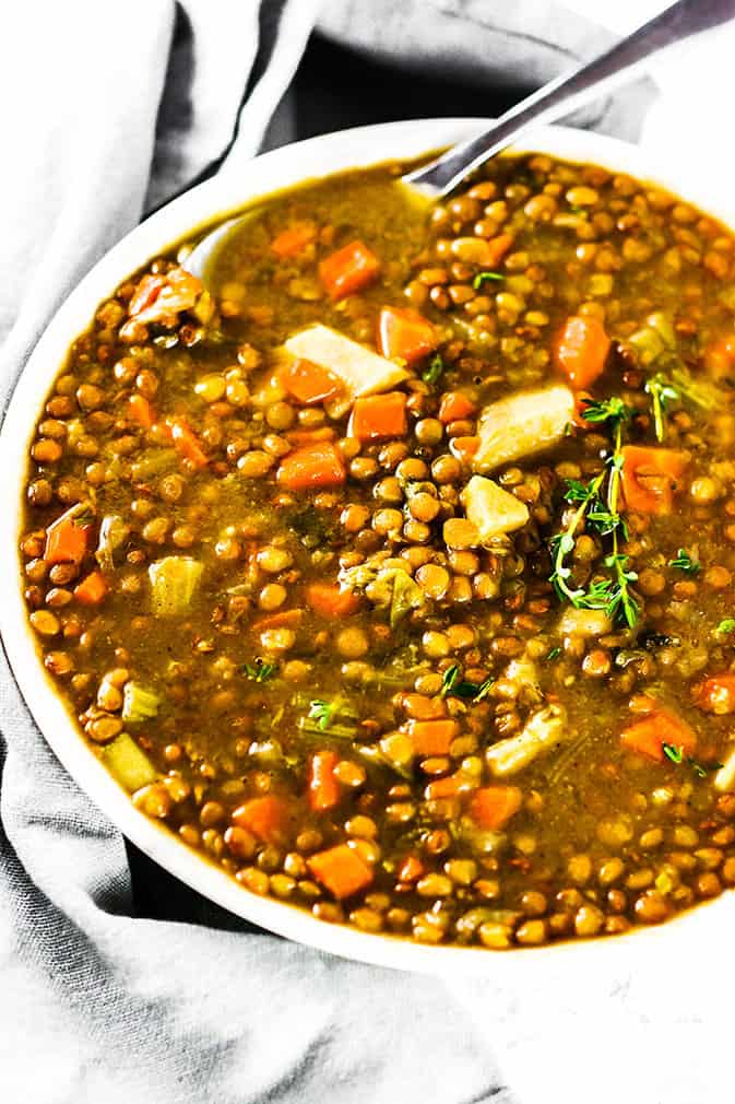 Instant Pot Vegan Lentil Soup on white bowl