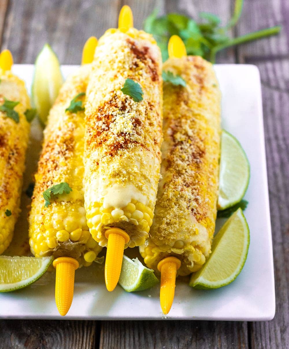 Vegan Mexican Street Corn on white plate