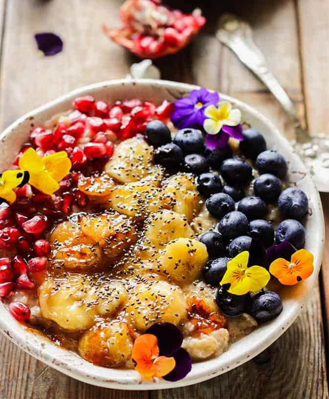 Caramelized Banana Oatmeal in a white bowl