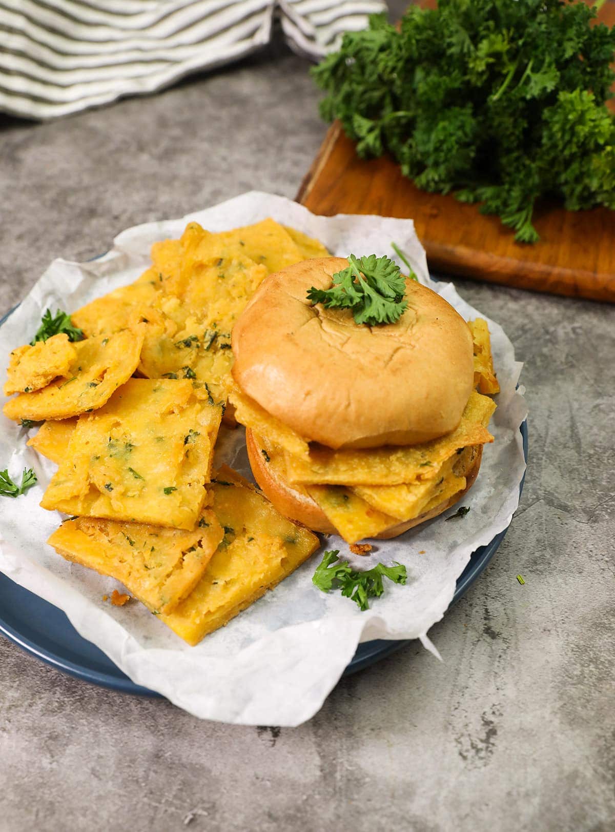 Panelle Recipe in a blue plate grey back ground