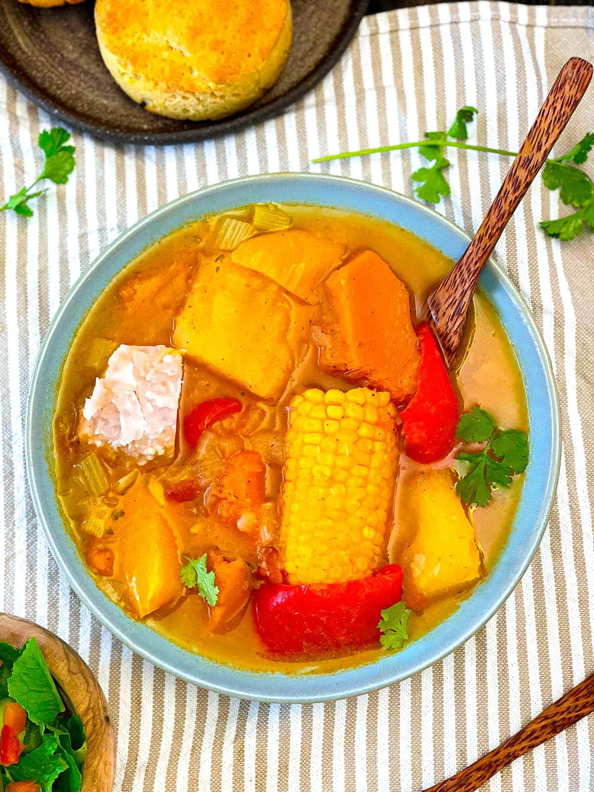 Vegan Sancocho in a blue bowl