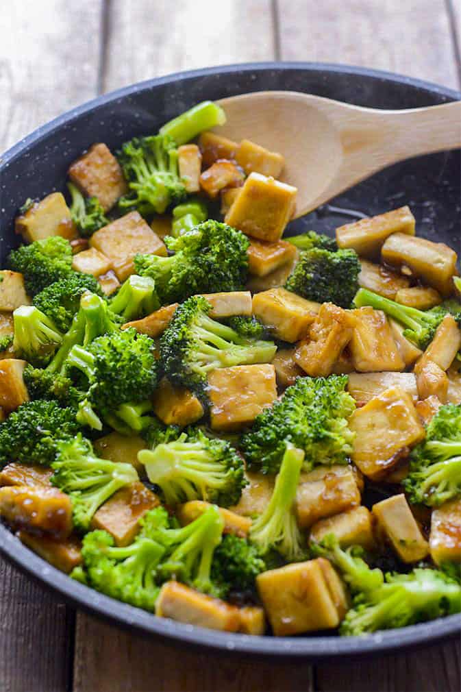 Tofu Broccoli Skillet on a black pan