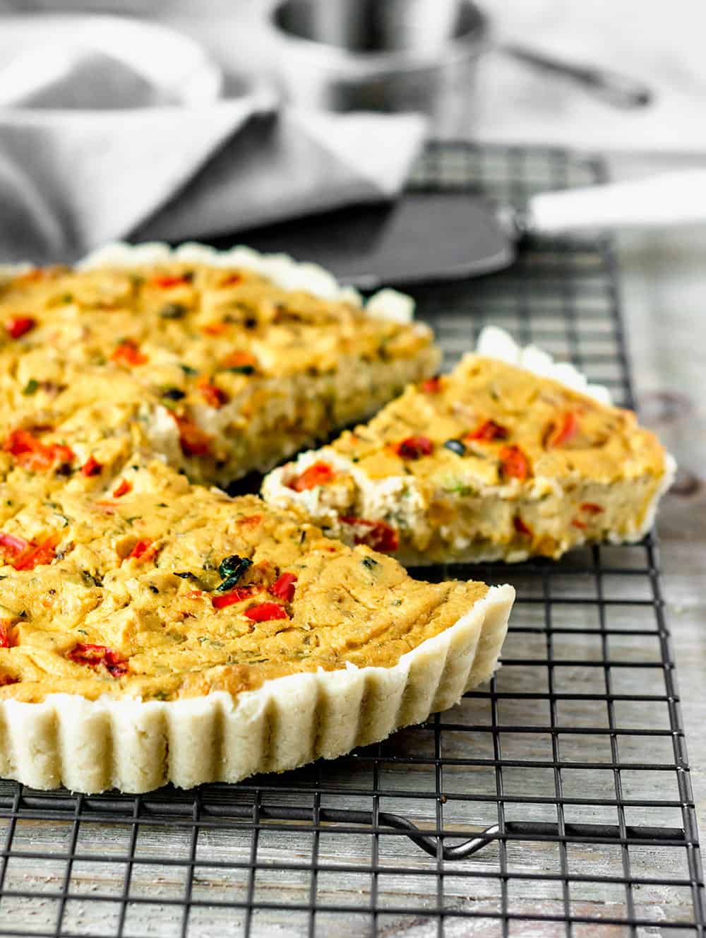 Zucchini Bell Pepper Tofu Quiche on cooling rack