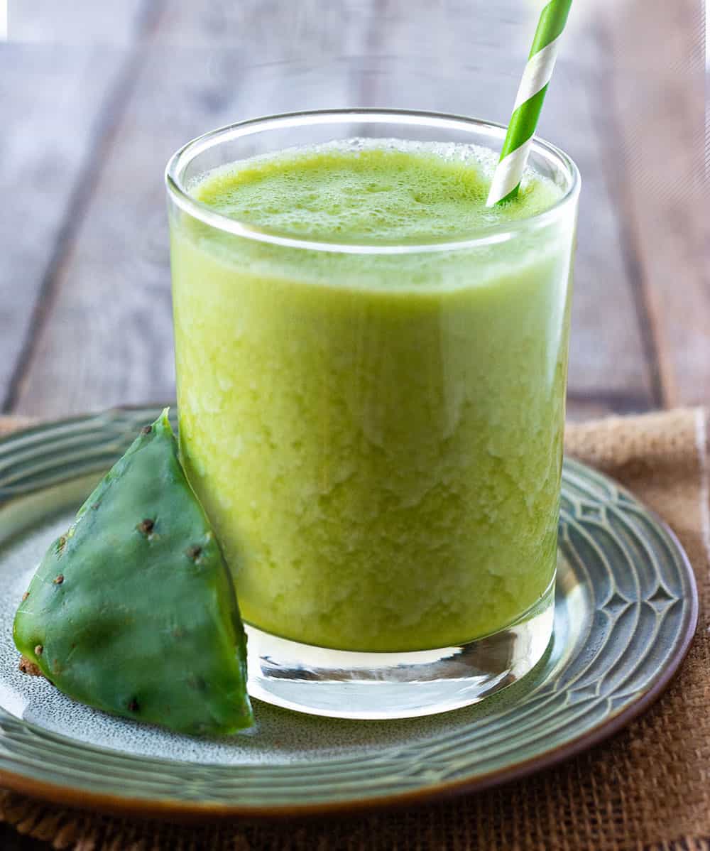Best Nopal Cactus Smoothie on a green plate with cactus
