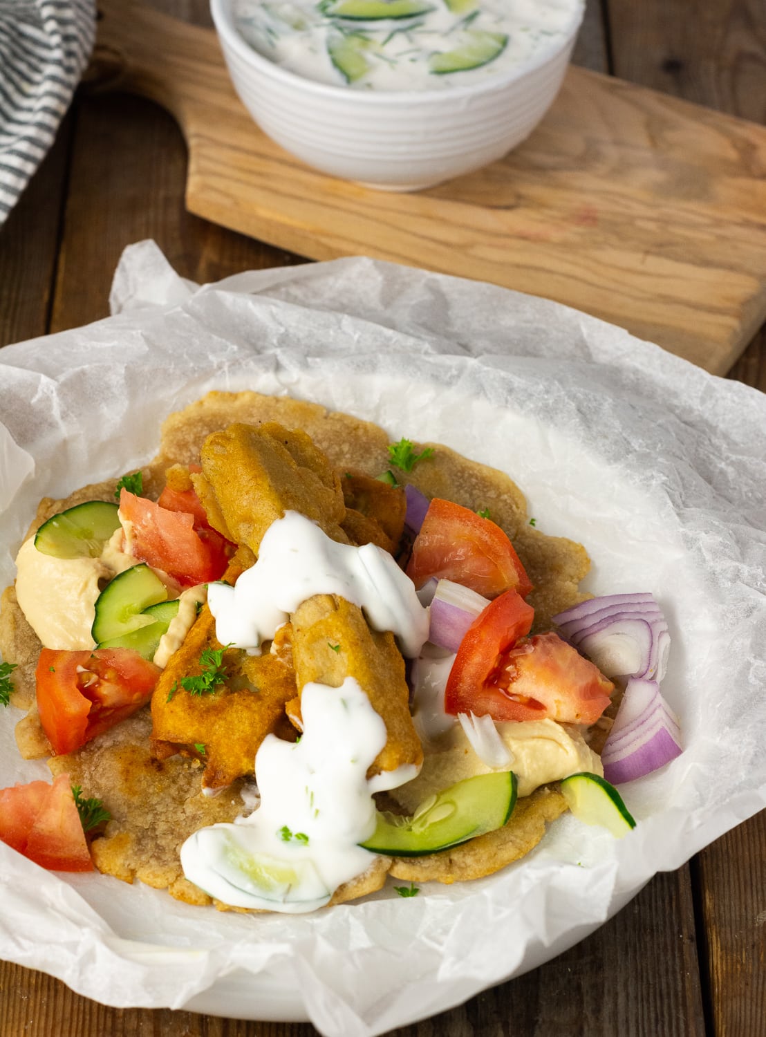 vegan fried eggplant recipe in a white bowl