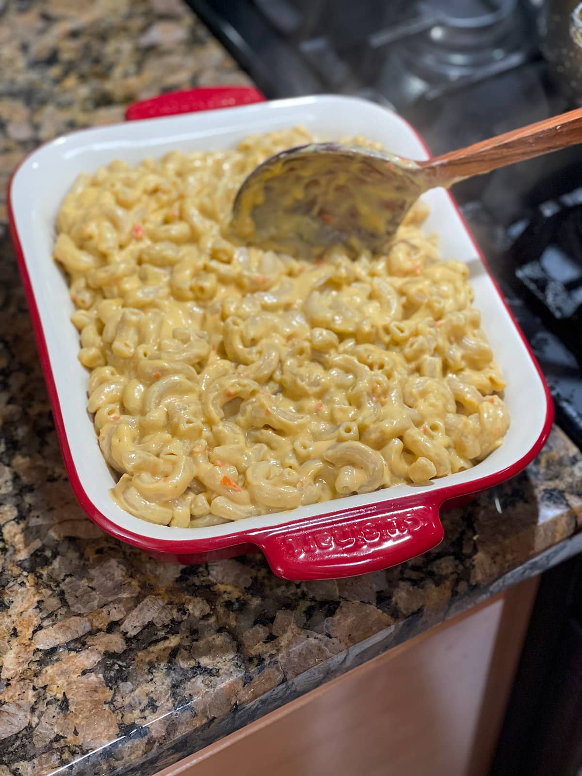 transferring mac and cheese to casserole pan