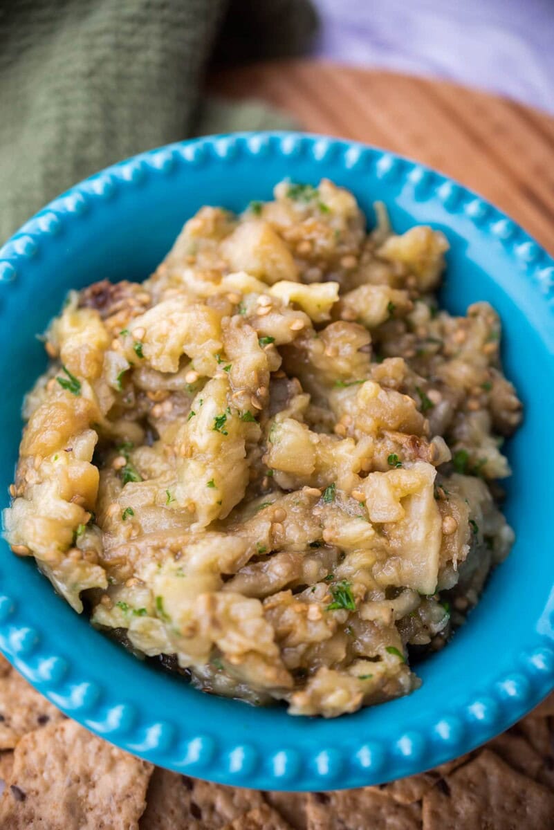 vegan eggplant dip in a blue bowl