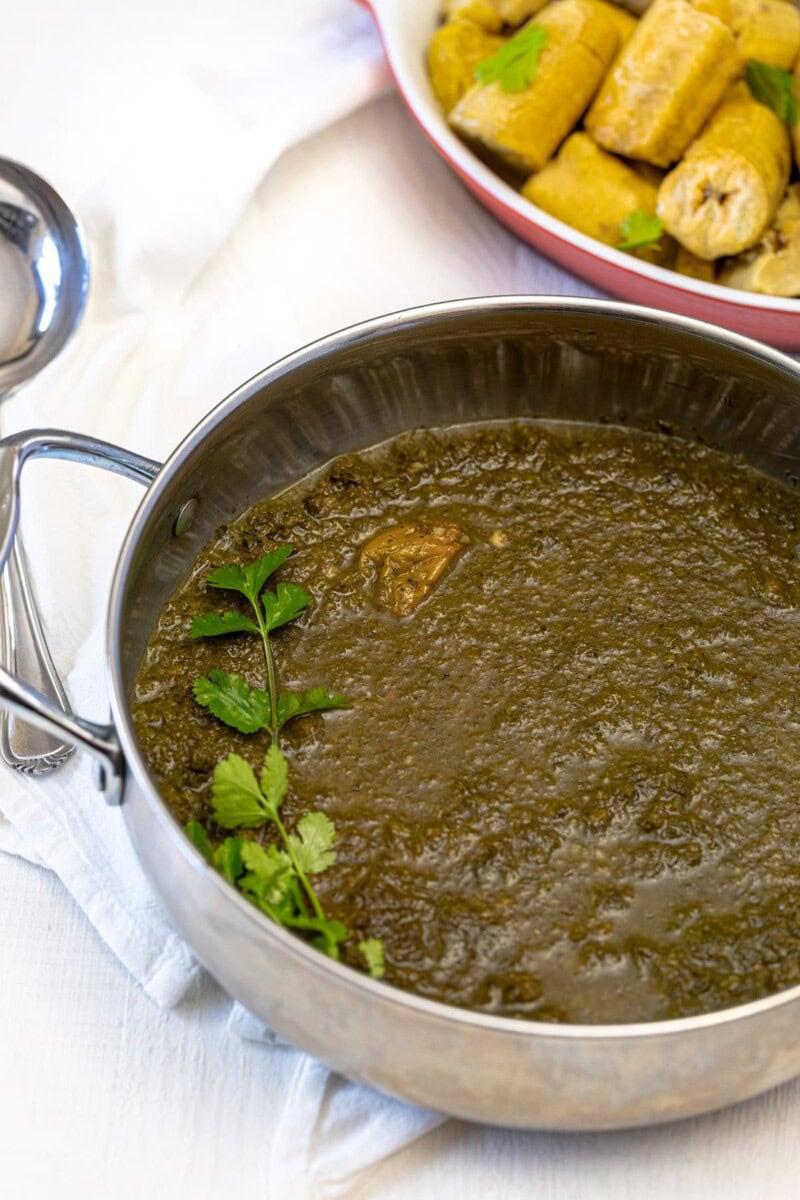 Cassava leaf Stew in Saucepan