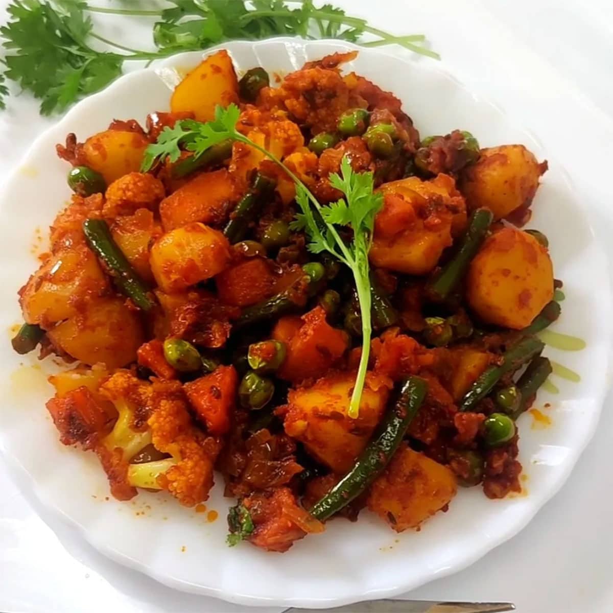 Mixed vegetables masala on white plate