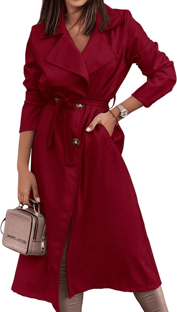 women's trench coat red below the knee