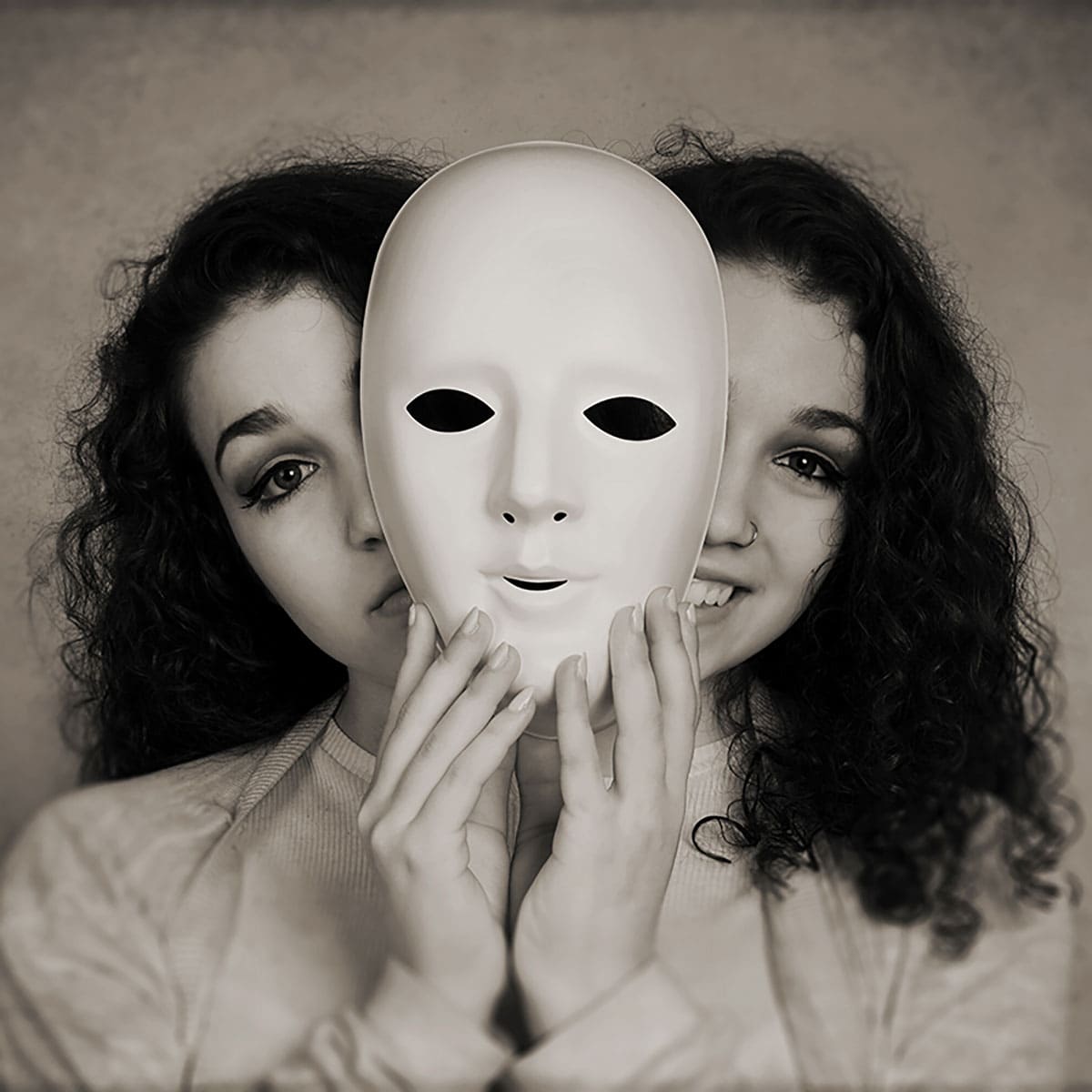 Smiling depressing lady with a mask