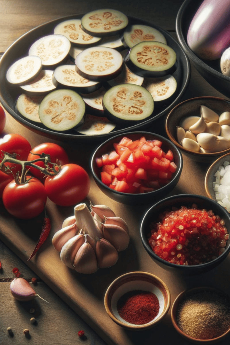 ingredients for tomato and eggplant chutney in bowls on a wooden cutting board