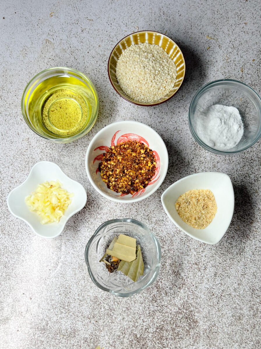 chili oil ingredients in bowls