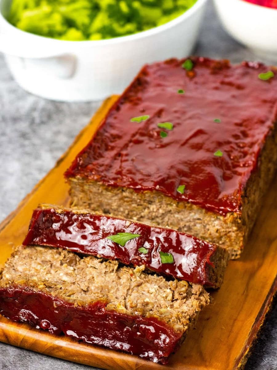 vegan lentil loaf on wooden board